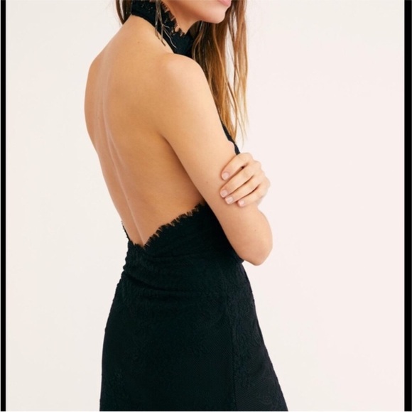 Free people] Black Jacquard Lace Body con Halter neck Back open Dress - Picture 3 of 9